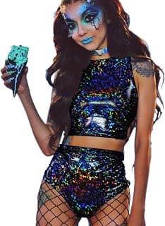Women Rave Holographic Bodysuit Mini Two Piece Hologram Metallic Silver for Dance Party Clubwear EDM Festival
