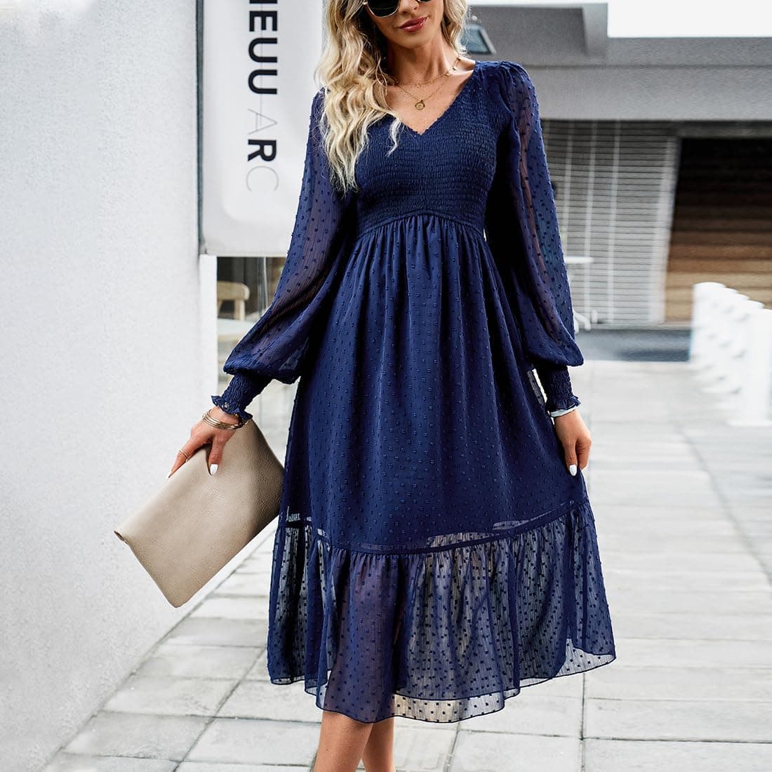 Long Sleeve V Neck Ruffle Dress for Women Boho Swiss Dot Smocked Cocktail Flowy A Line Wedding Party Dresses