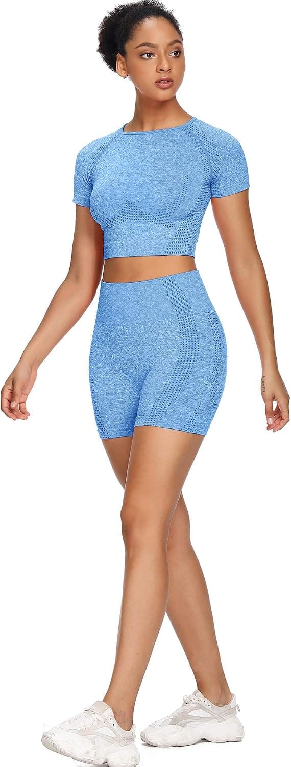 Women Seamless Yoga Outfits 2 Piece Set Workout Gym Shorts + Short Sleeve Crop Top