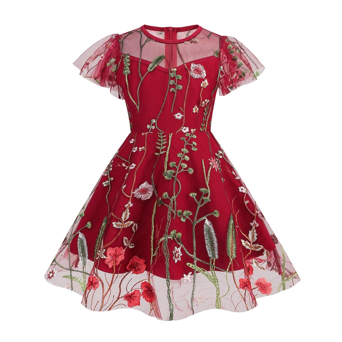 Vintage Floral Embroidered Mesh Flower Girls Swing Dress