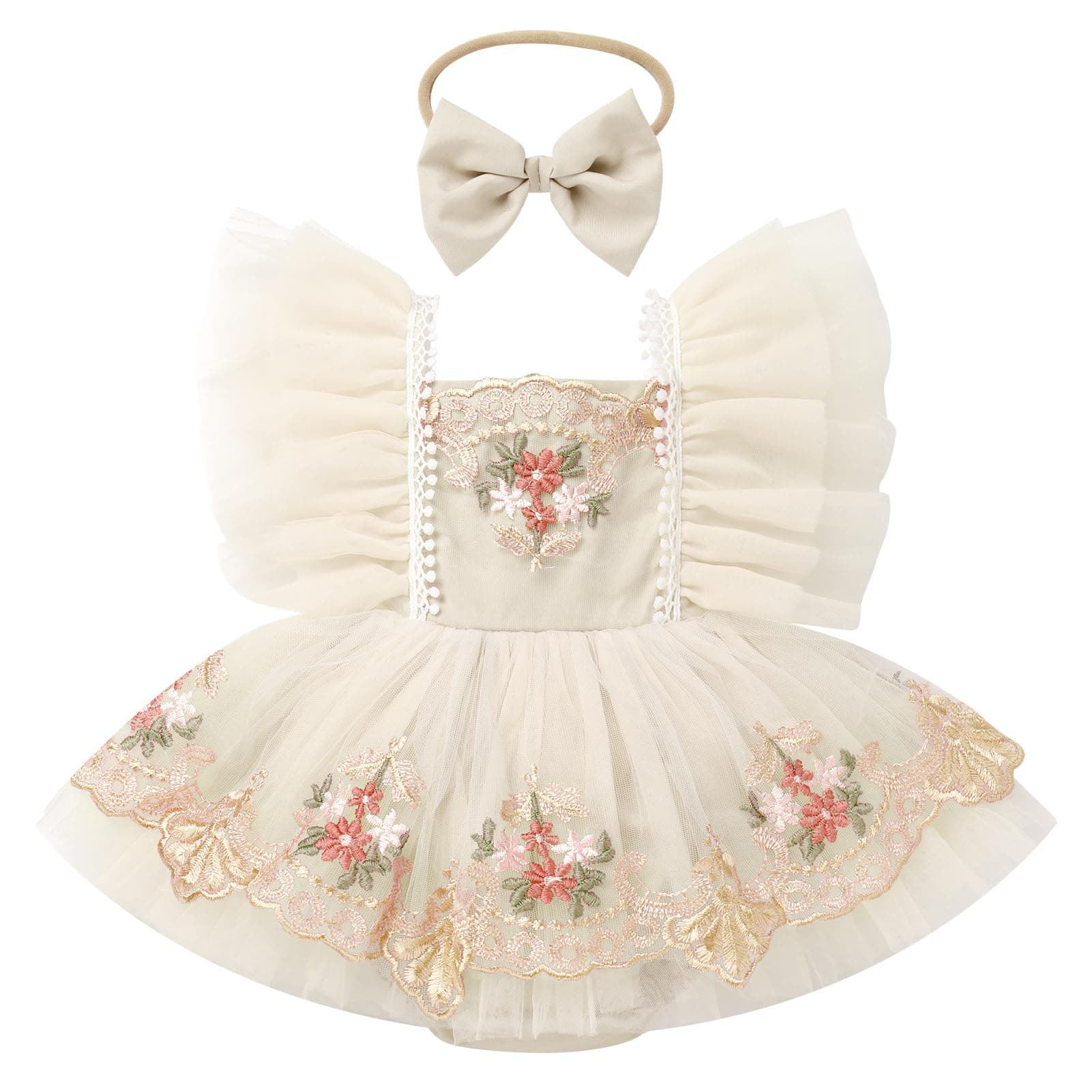 ODASDO Girls' First Birthday Tutu Romper Floral Embroidery Dress