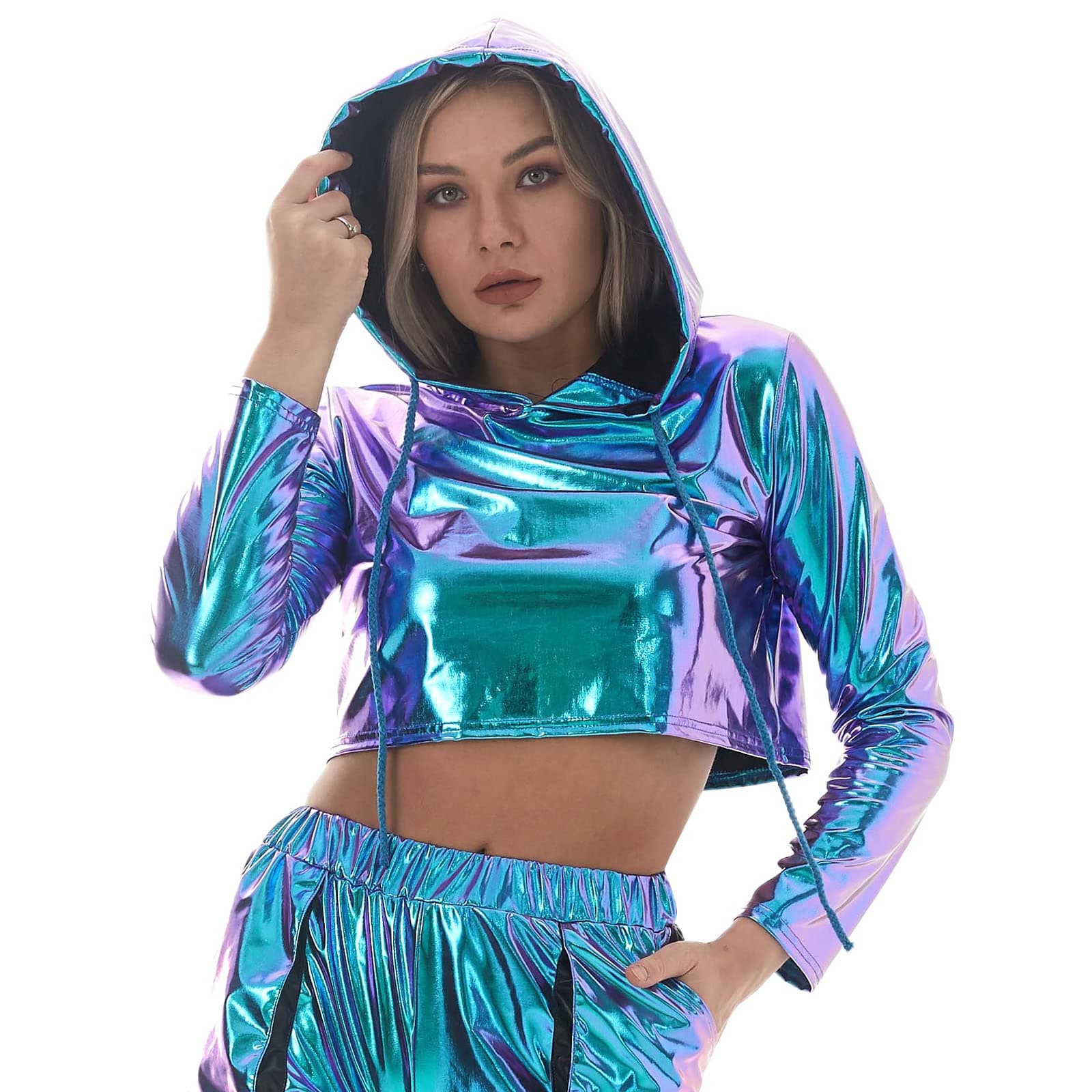 ABAFIP Women Metallic Shiny Rave Outfit Holographic Crop Top Hoodie Casual Long Sleeve Sweatshirt Dancewear -> Metallic Shiny Holographic Crop Top Hoodie Dancewear