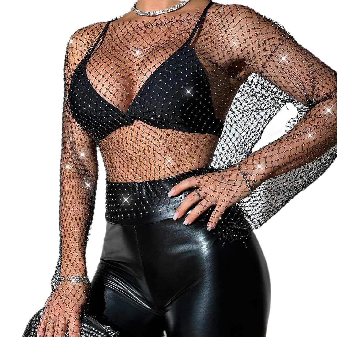 Sparkle Rhinestone Mesh Crop Top with Long Sleeve for Women