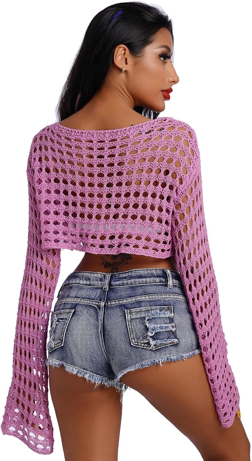 Women Hollow Out Crochet Knit Crop Tops Summer Beach Cover Up Bell Long Sleeve Rave Sweaters Tops