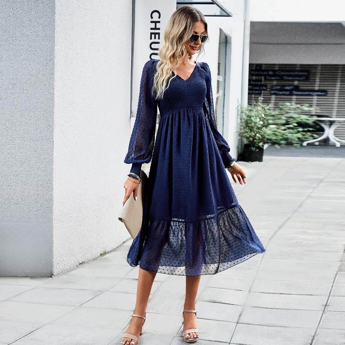 Long Sleeve V Neck Ruffle Dress for Women Boho Swiss Dot Smocked Cocktail Flowy A Line Wedding Party Dresses