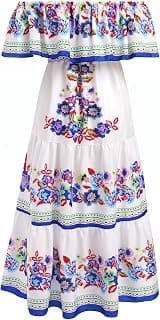 Women Mexican Dress Summer Floral Print Traditional Ethnic Wear Off Shoulder Beach Holiday Party Long Maxi Gowns