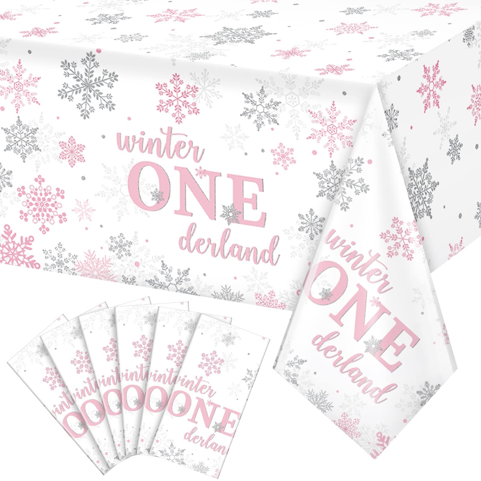 Jectivs 6Pcs Christmas Snowflake Tablecloth Pink & Silver Onederland 1st Birthday Decor 54x108inch