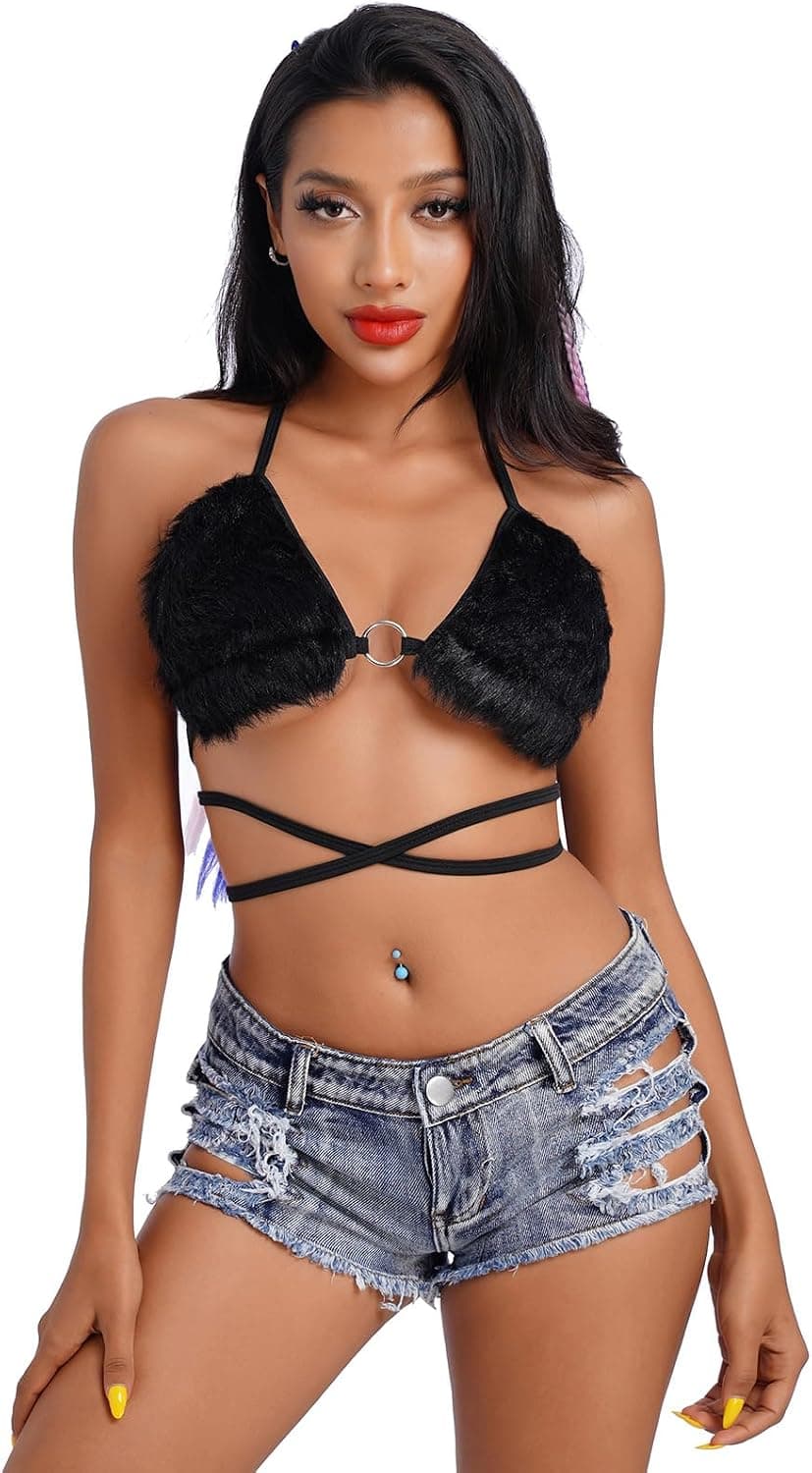 Black Rave Top for Women: Black Fluffy Tops Bikini Bra Fur Crop Top Halter Bandage Camisole Rave Outfit for Women Festivals Sexy Halloween Cowgirl Costume Cosplay Lingerie Dance Clubwear Black
