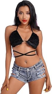 Black Rave Top for Women: Black Fluffy Tops Bikini Bra Fur Crop Top Halter Bandage Camisole Rave Outfit for Women Festivals Sexy Halloween Cowgirl Costume Cosplay Lingerie Dance Clubwear Black