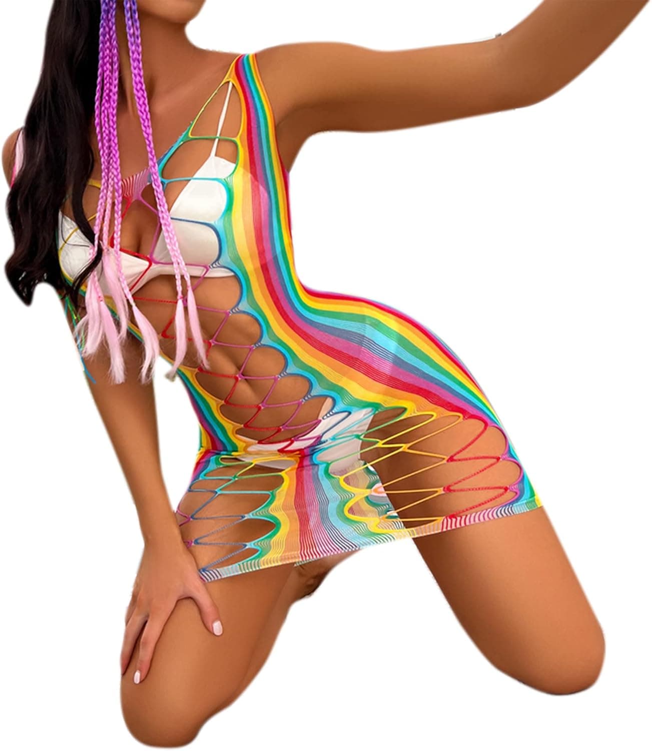 Women’s Sexy Rainbow Striped Mesh See Through Bodysuit Swimwear Bikini Cover Ups Swimsuit Rave Festivals Outfits