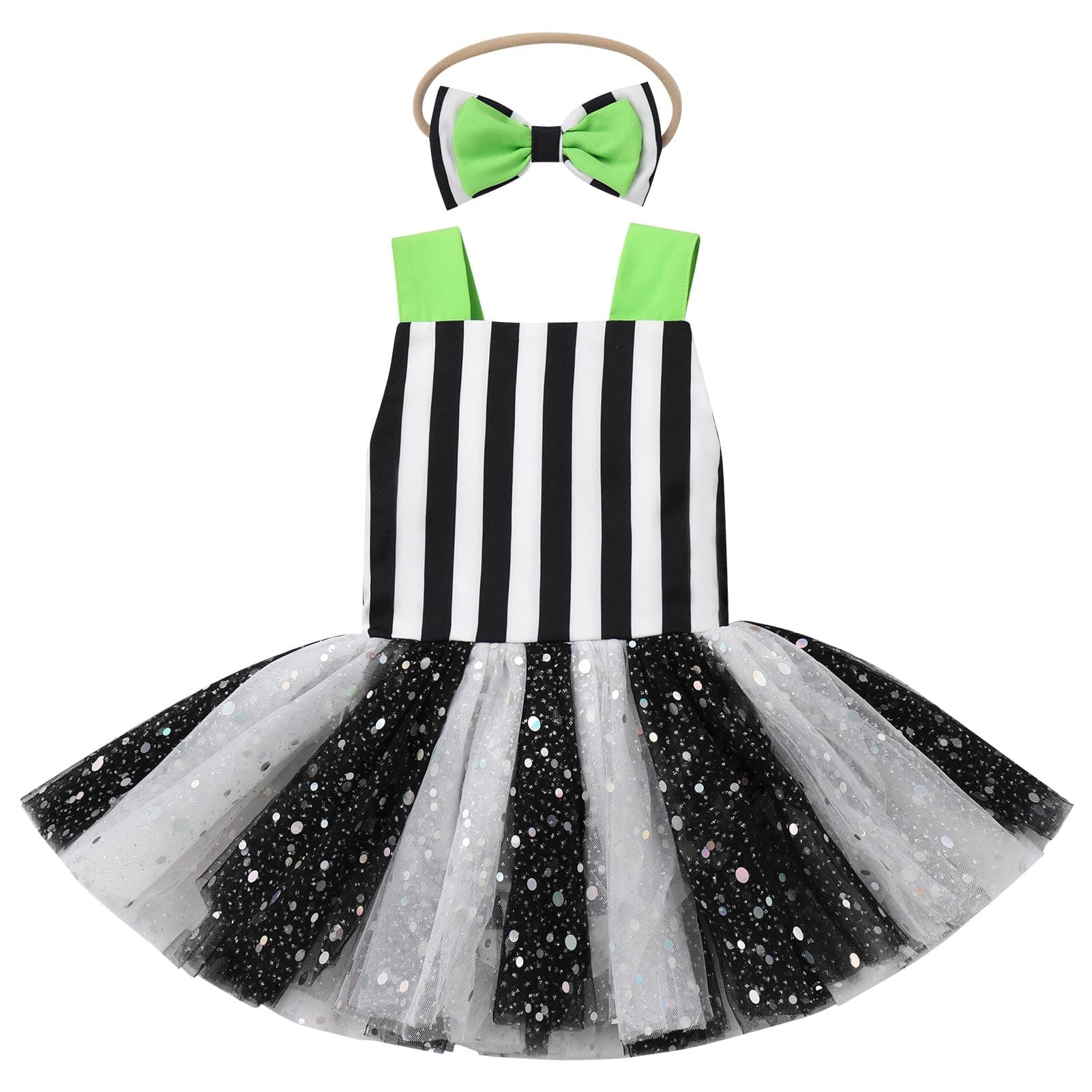 Baby Girls Black and White Striped Tutu Dress Halloween Costume with Headband