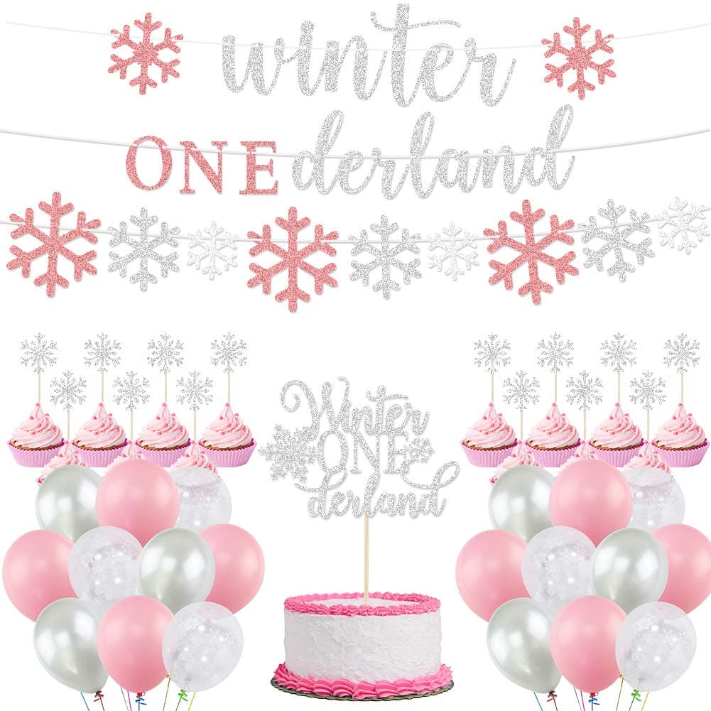 Winter Onederland 1st Birthday Girl Party Decoration - Banner, Balloons, Cake Toppers