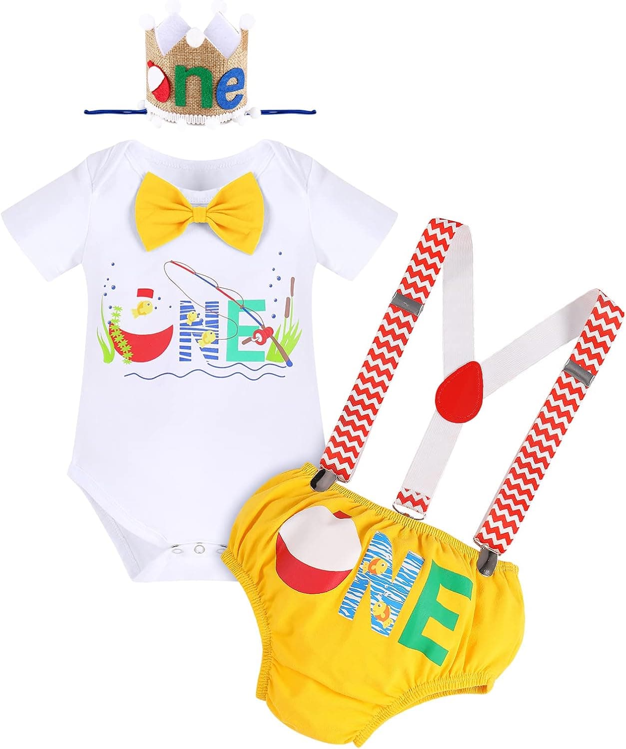 Baby Boys Fishing 1st Birthday Outfit Cake Smash Bowtie Romper + Shorts + Suspenders + Hat Clothes Set for Photo Shoot
