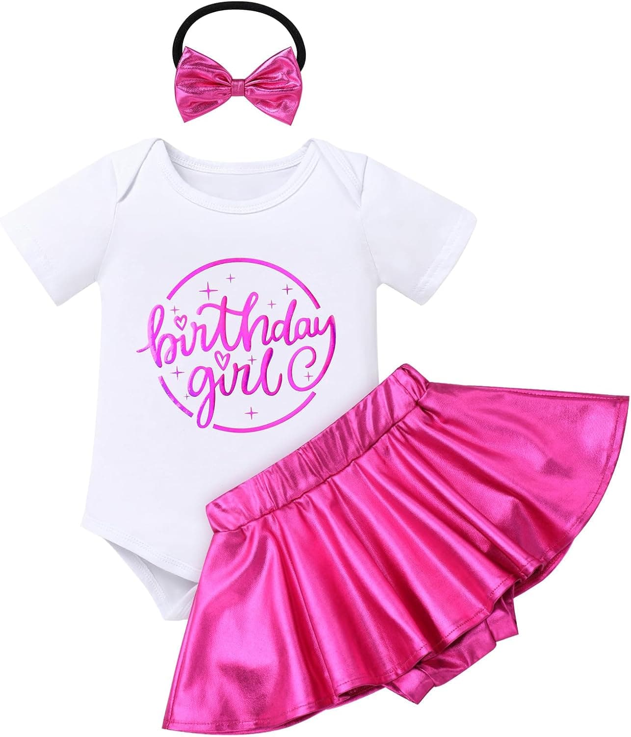 Baby Girls 1st Birthday Girl Outfit Romper + Metallic Ruffle Shorts Tutu + Headband Cake Smash Photo Shoot
