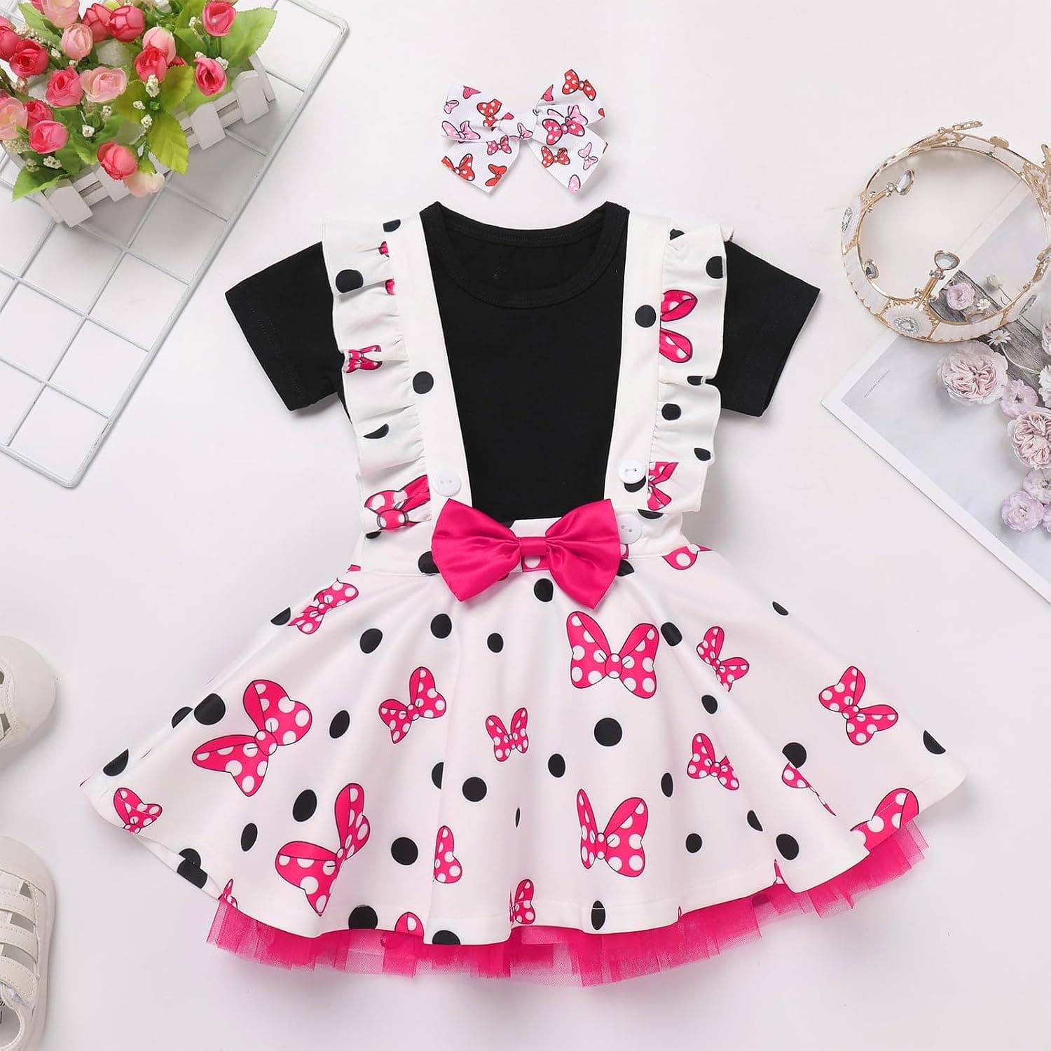 Toddler Baby Girls Mouse Birthday Outfit Shirt Suspenders Overalls Skirt Headband Cake Smash Halloween Costume Cosplay