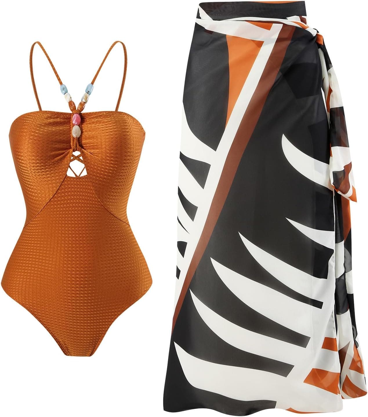 Women One Piece Swimsuit with Sarong Set 2024 Trendy Halter Lace Up Swimwear Colorblock Coverup Vocation Outfit