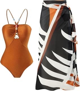 Women One Piece Swimsuit with Sarong Set 2024 Trendy Halter Lace Up Swimwear Colorblock Coverup Vocation Outfit