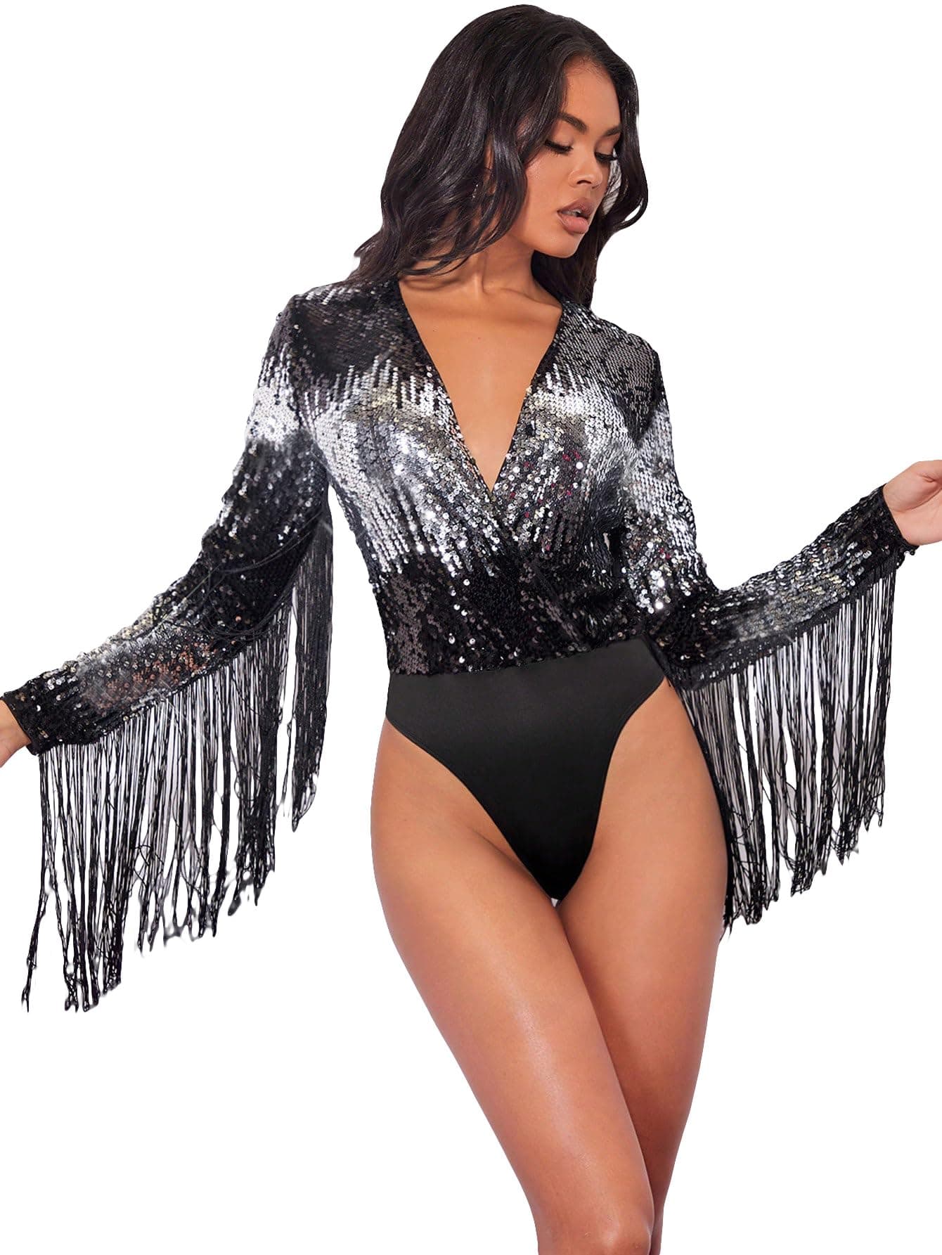 Sparkly Fringe Trim Deep V Neck Party Bodysuit for Women