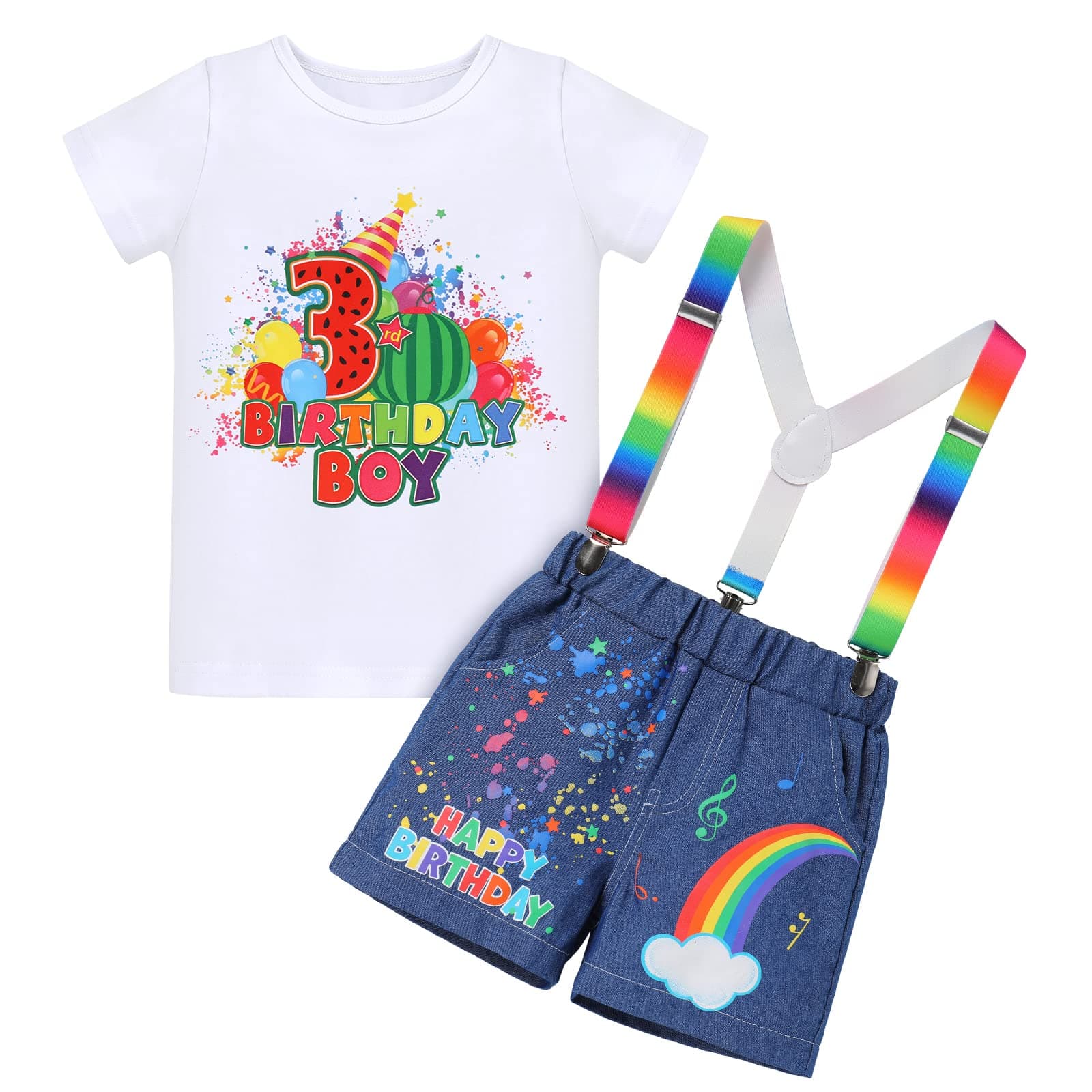 Toddler Boys Birthday Outfit with Melon Print: Romper Top, Jeans Shorts, and Suspenders