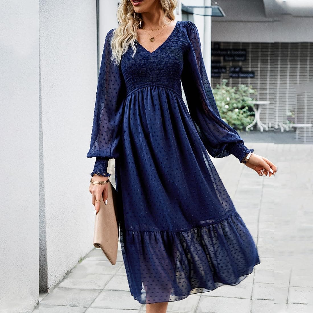 Long Sleeve V Neck Ruffle Dress for Women Boho Swiss Dot Smocked Cocktail Flowy A Line Wedding Party Dresses