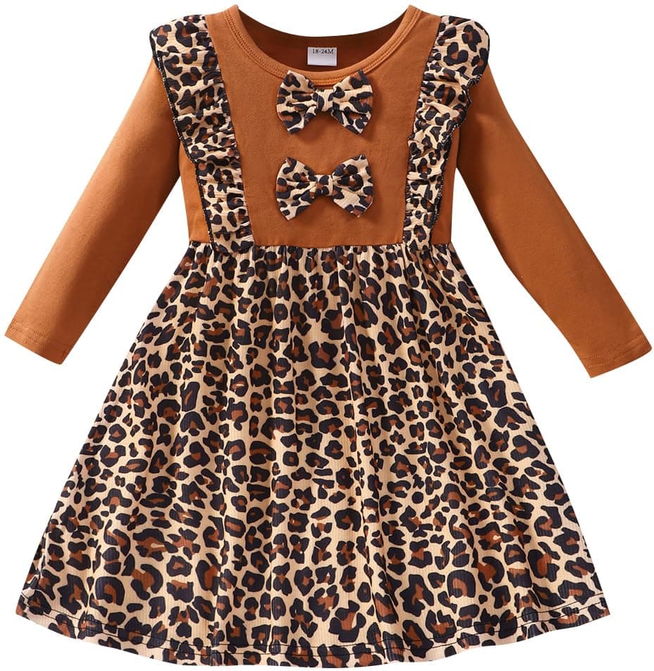Retsugo Girls' Long Sleeve A-line Print Dress with Bowknot