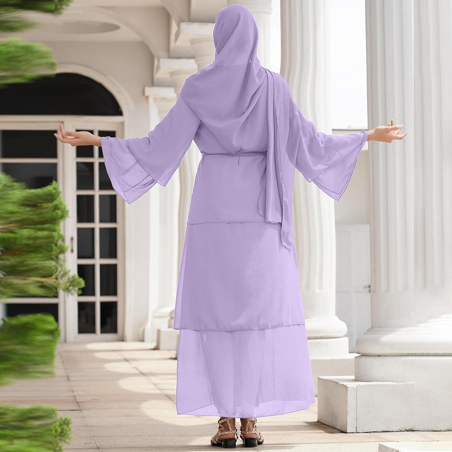 Women Muslim Chiffon Abaya Modest Open Front Cardigan Dress with Hijab Middle East Arabian Robe Islamic Dubai Outfit