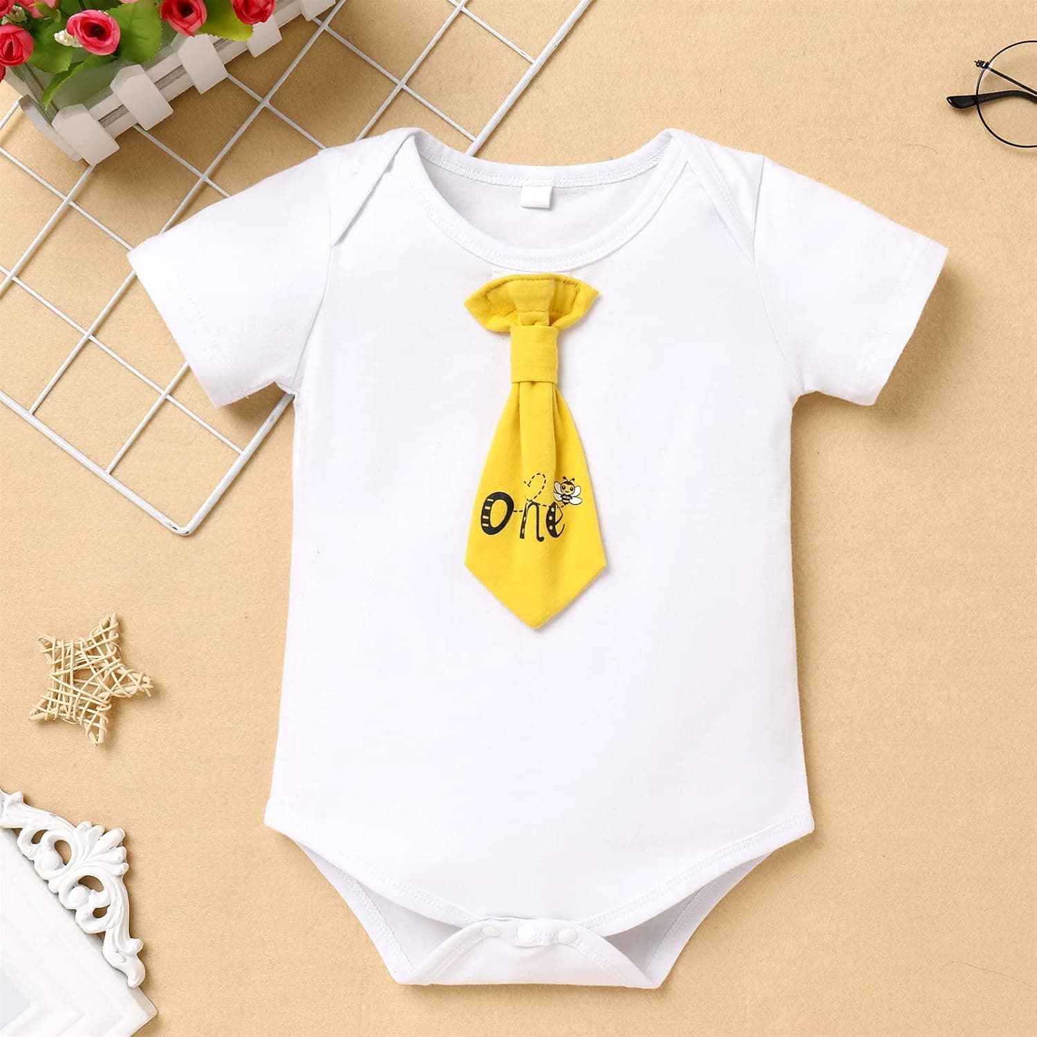 Baby Boys Bee 1st Birthday Outfit Cake Smash Romper Necktie + Shorts Pants + Crown Headband Clothes Set Photo Shoot
