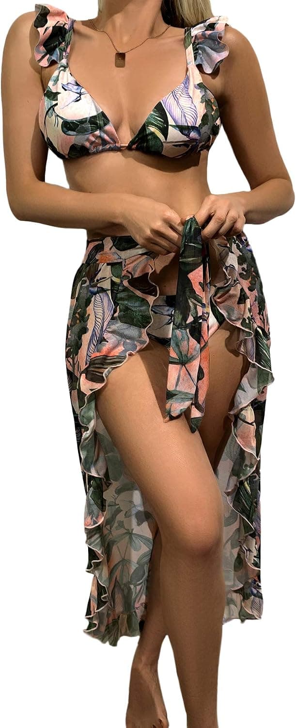Women's 3 Pieces Beach Swimsuit Tropical Ruffle Halter Bikini Swimsuit with Cover up Wrap Skirt
