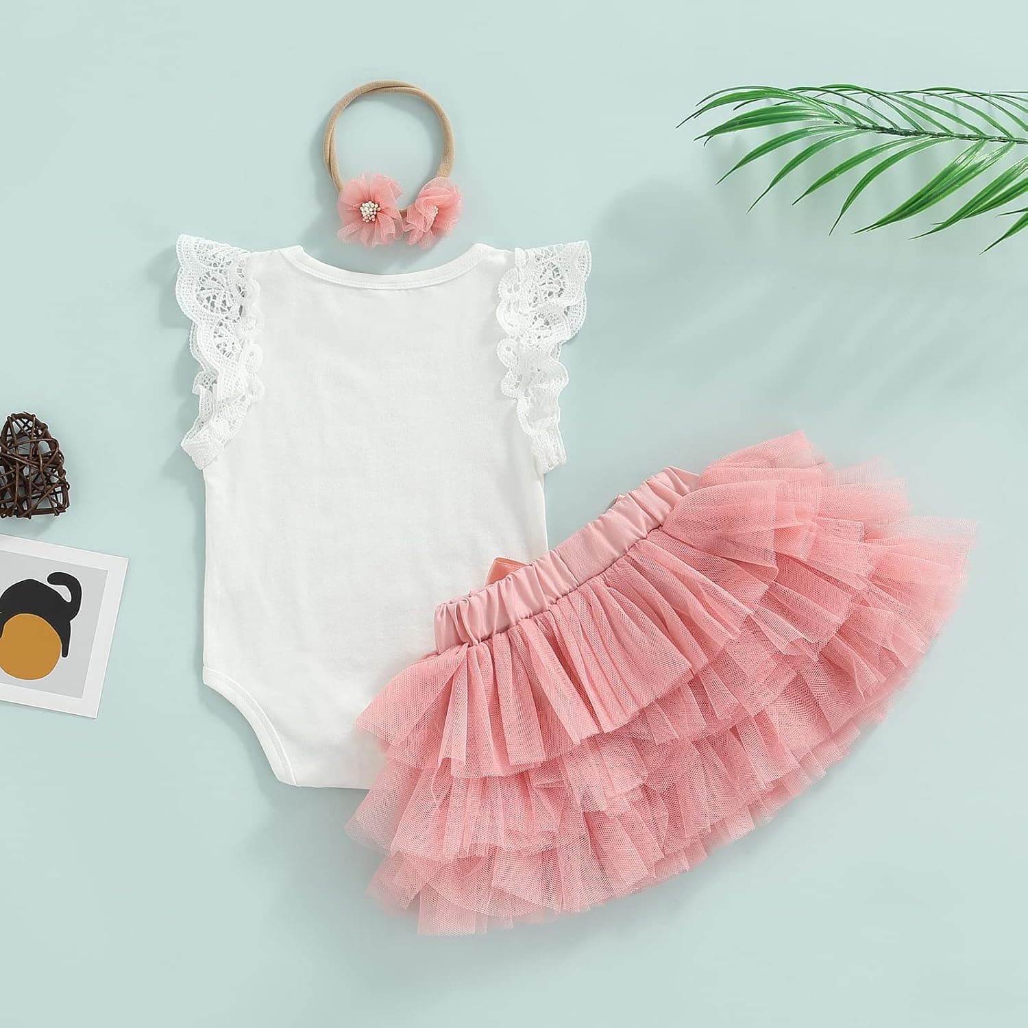 Baby Girl First Birthday Outfit One Fly Sleeve Romper and Tutu Skirts Set with Headband Baby My 1st Birthday Clothes