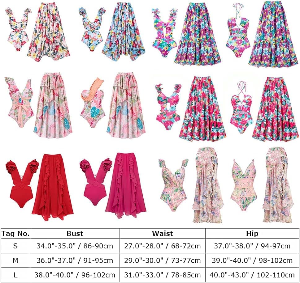 Women Floral Print Beach Swimsuit with Maxi Skirt Bikini Sets Swimwear Skirt Summer Holiday Outfit Bathing Suits