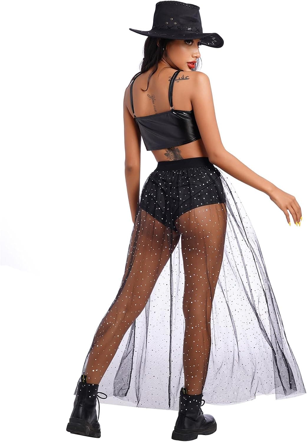 Women Shiny Stars Rave Skirt Flowy Mesh Tulle Maxi Skirts with Booty Bottoms Music Festival Clothes Halloween Costume