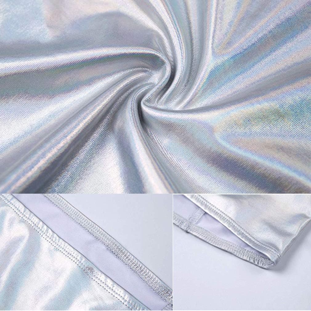 Women's Metallic Shiny Off Shoulder Crop Top + Silver Skirt Two Piece Rave Outfits Set
