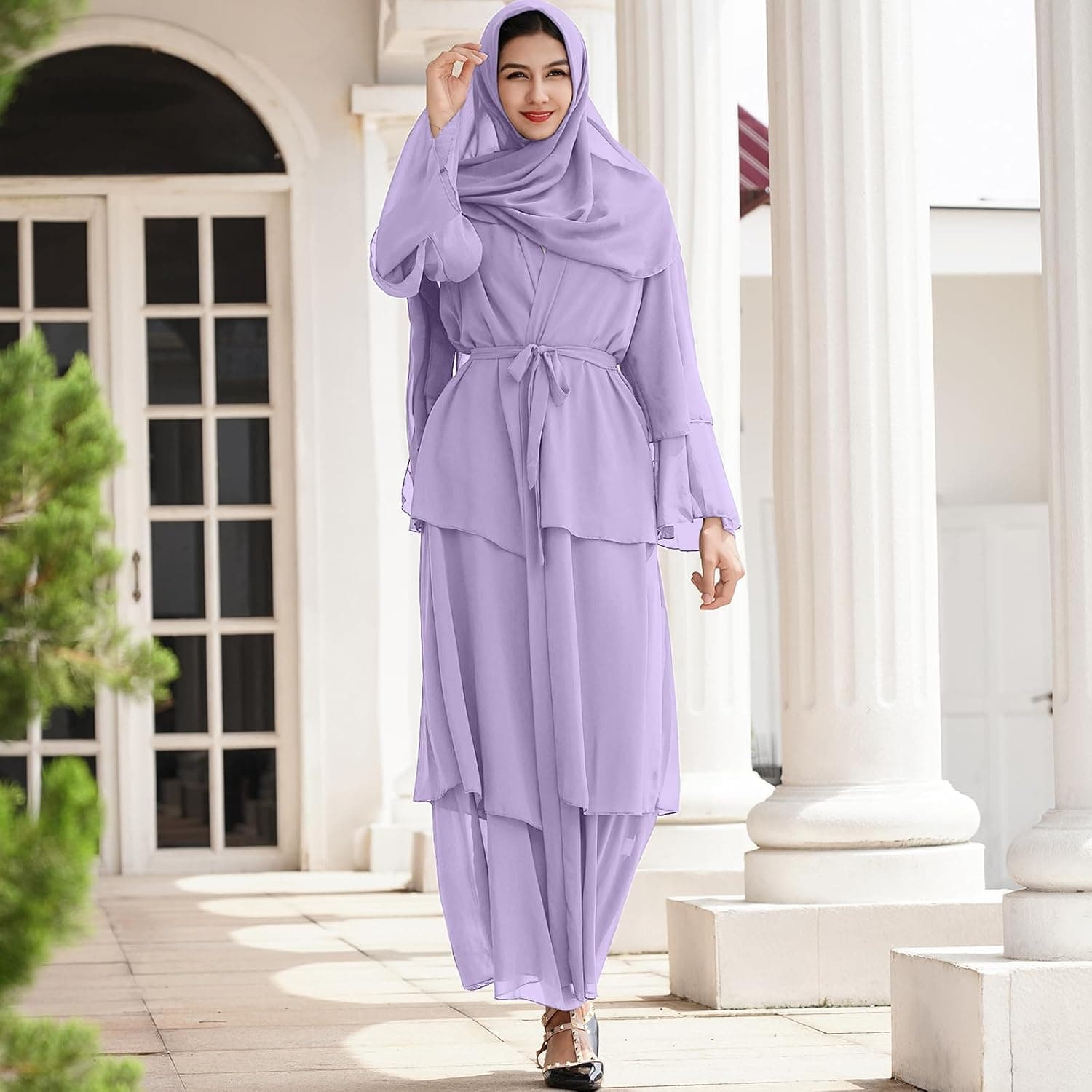 Women Muslim Chiffon Abaya Modest Open Front Cardigan Dress with Hijab Middle East Arabian Robe Islamic Dubai Outfit