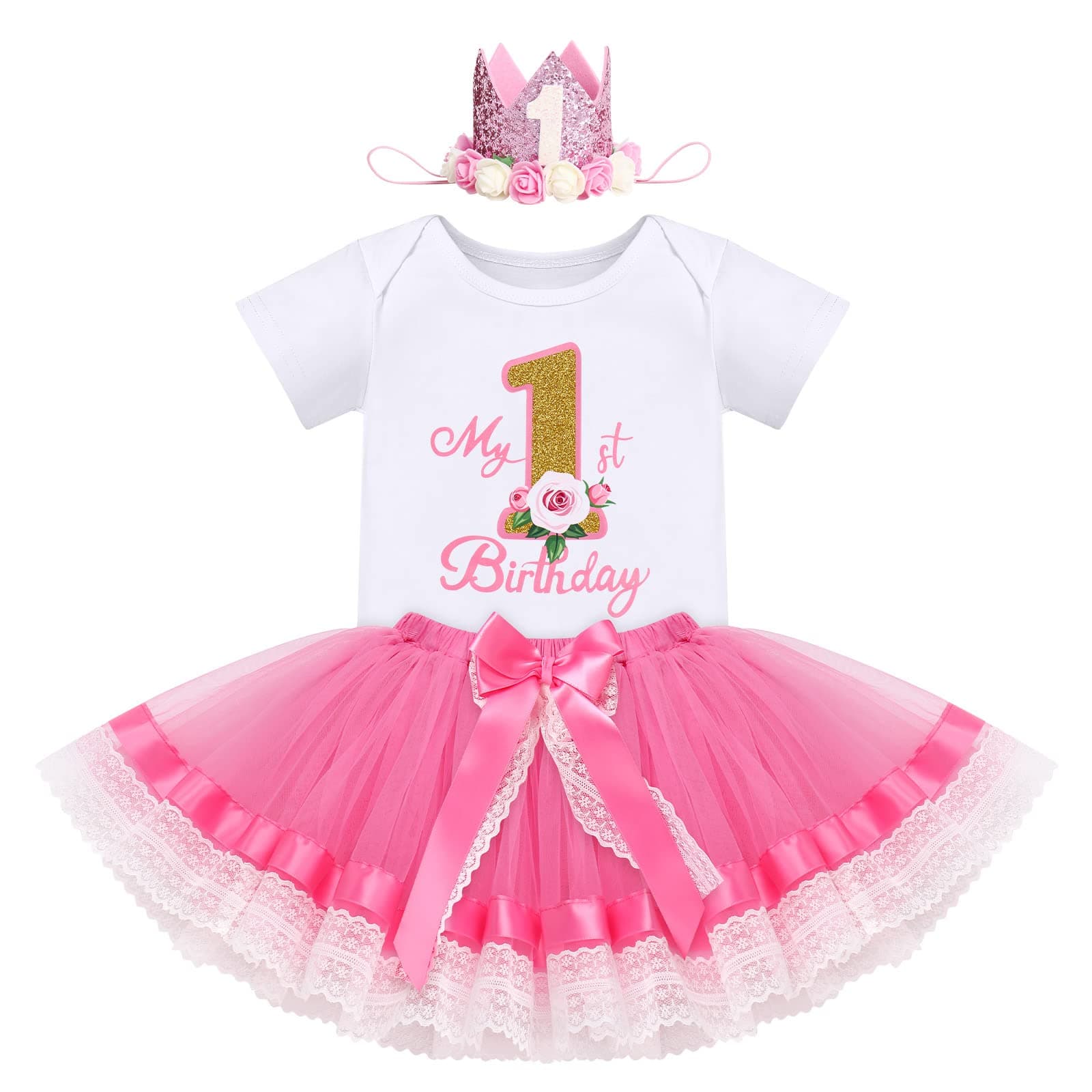 IBTOM CASTLE Baby Girl 1st Birthday Floral Lace Romper & Tutu Set+Crown Photo Clothes