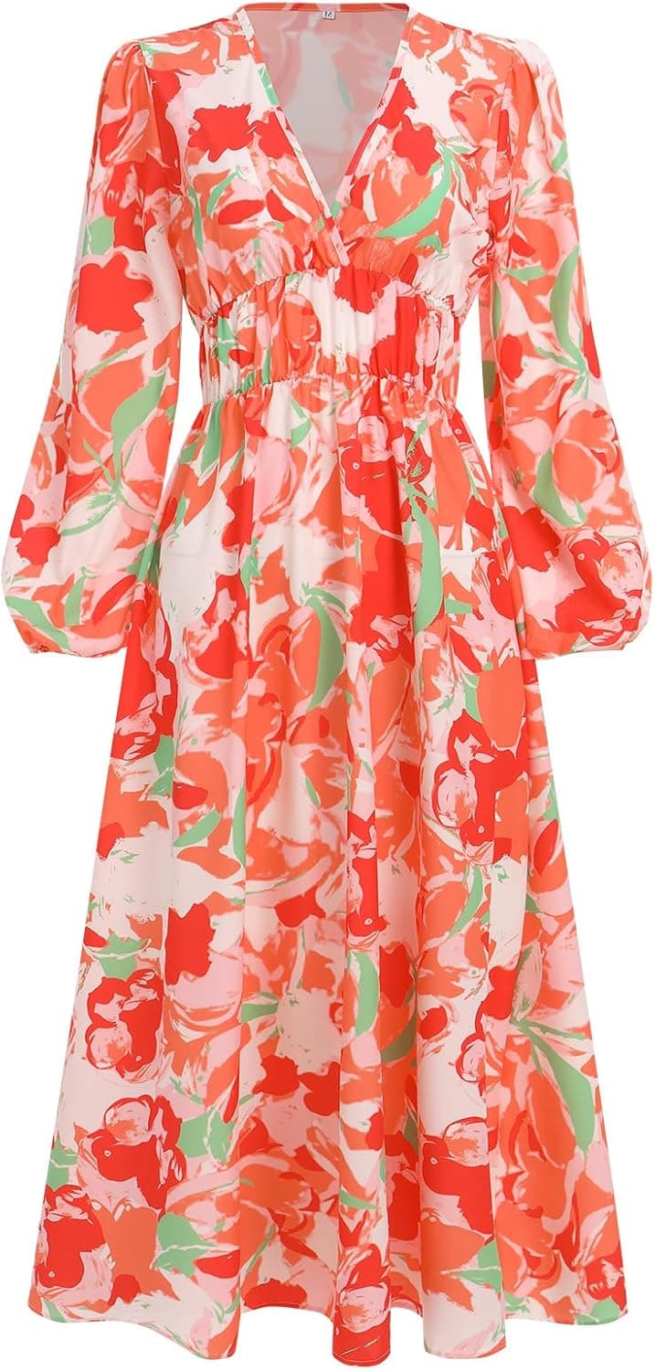 Causal Boho Dress for Women Long Sleeve V Neck Floral Printed Fall Maxi Dress Wedding Guest Formal Party Flowy Dresses