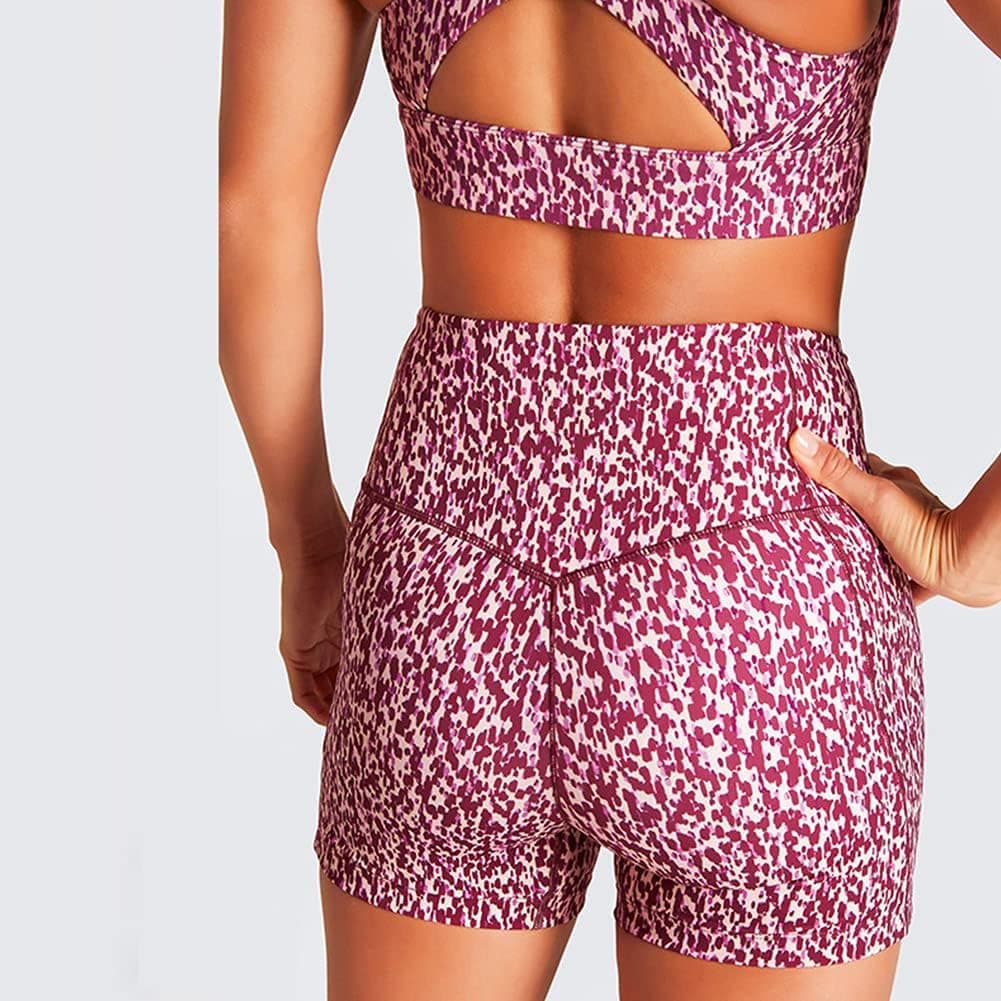 Women Seamless Yoga Outfits 2 Piece Workout Set Racerback Crop Top Leopard Sprots Bra High Waisted Shorts Pants Stretch Tummy Control Yoga Shorts Fitness Athletic Running Gym Clothes Activewear Leopard Purple L