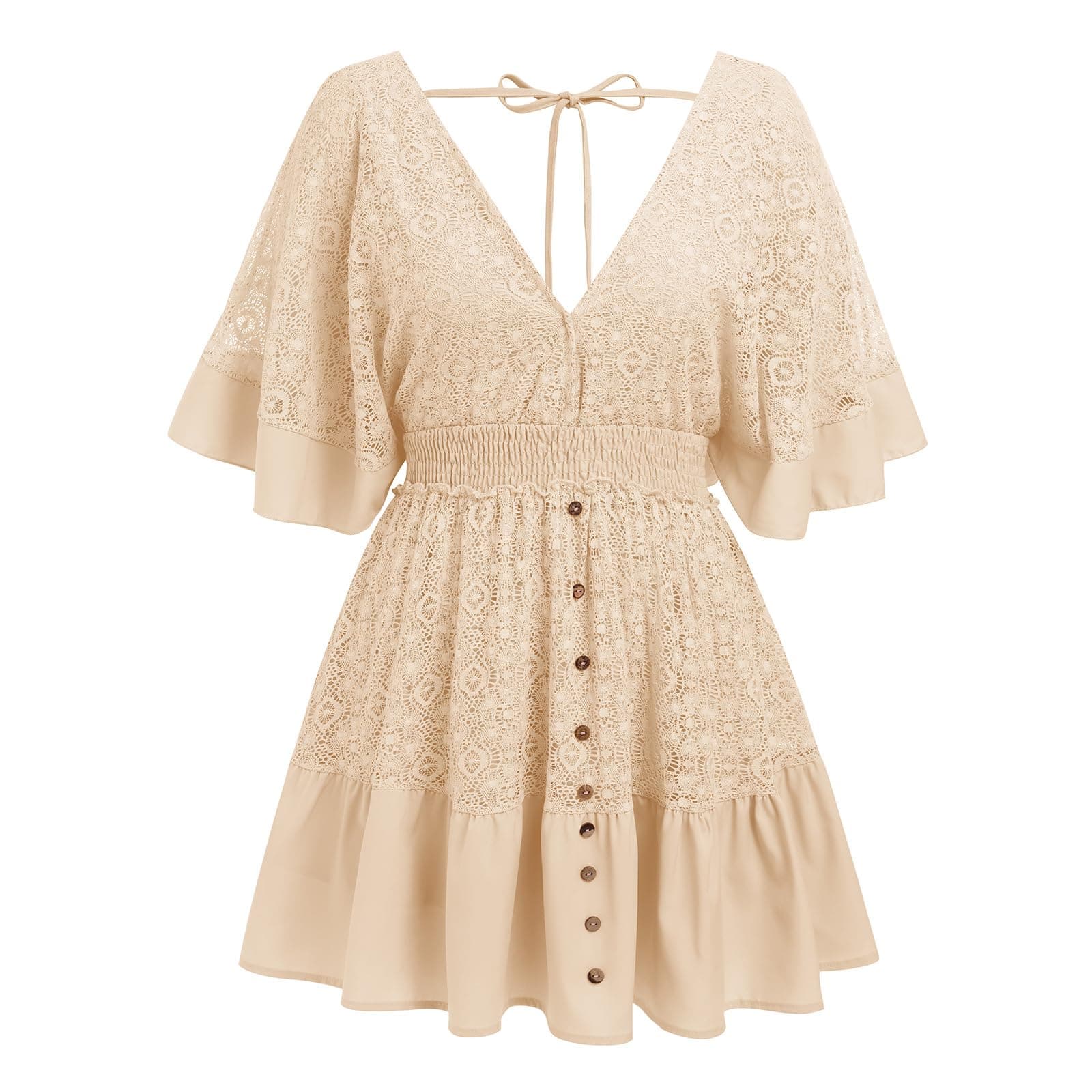 IMEKIS Women Lace V Neck Batwing Sleeve Tie Back A-line Party Dress