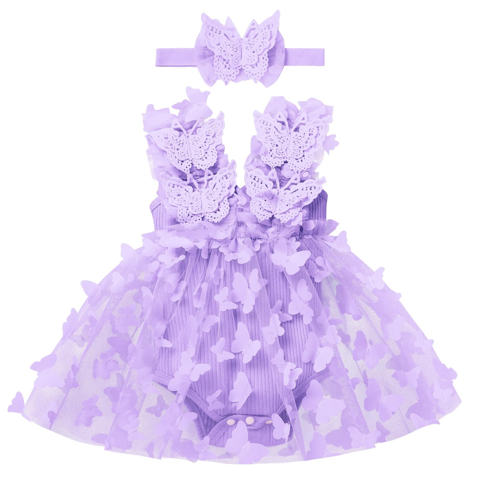 Newborn Baby Girl 1st Birthday Lace Tulle Romper Dress with Floral Headband