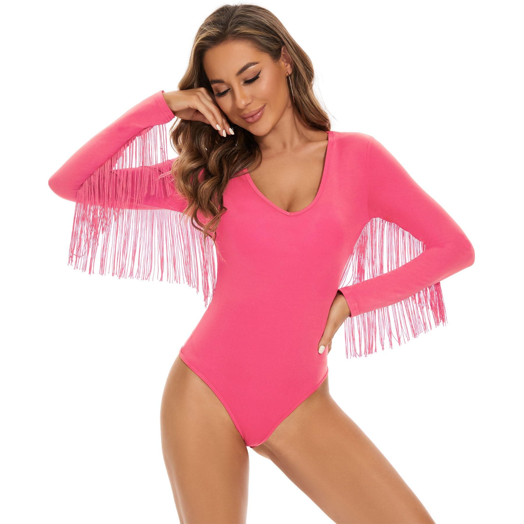 Zando Women's Fringe V-Neck Long Sleeve Bodysuit