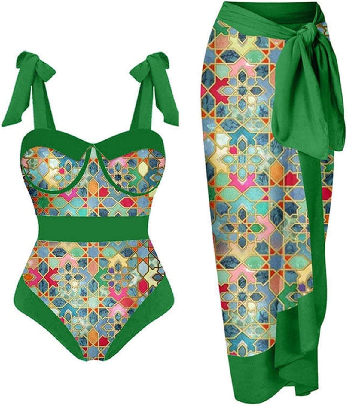 Women Sexy Push Up One Piece Swimsuit with Beach Cover Up Wrap Skirt Sarong Retro Floral Print Bikini Set Bathing Suits