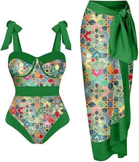 Women Sexy Push Up One Piece Swimsuit with Beach Cover Up Wrap Skirt Sarong Retro Floral Print Bikini Set Bathing Suits
