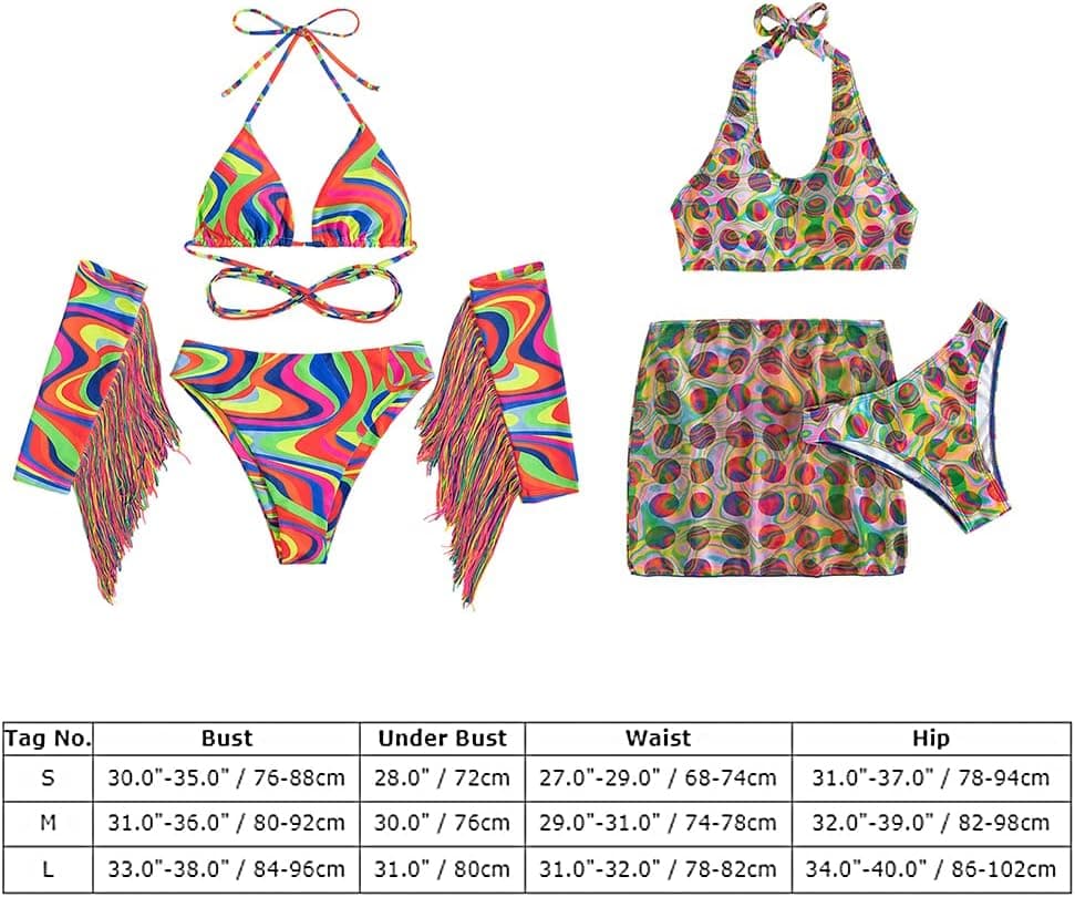 Women Rave Outfit Vintage Bikini Set Rainbow Bra Top with Bottom Summer Beach Holiday Swimwear Bathing Suits