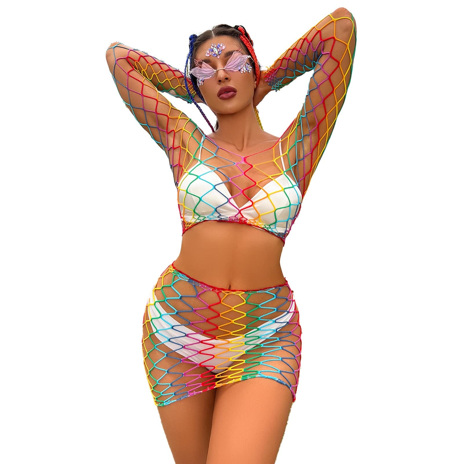 ZGMYC Women Rave Mesh Bikini Cover Ups & Mini Skirt Outfit