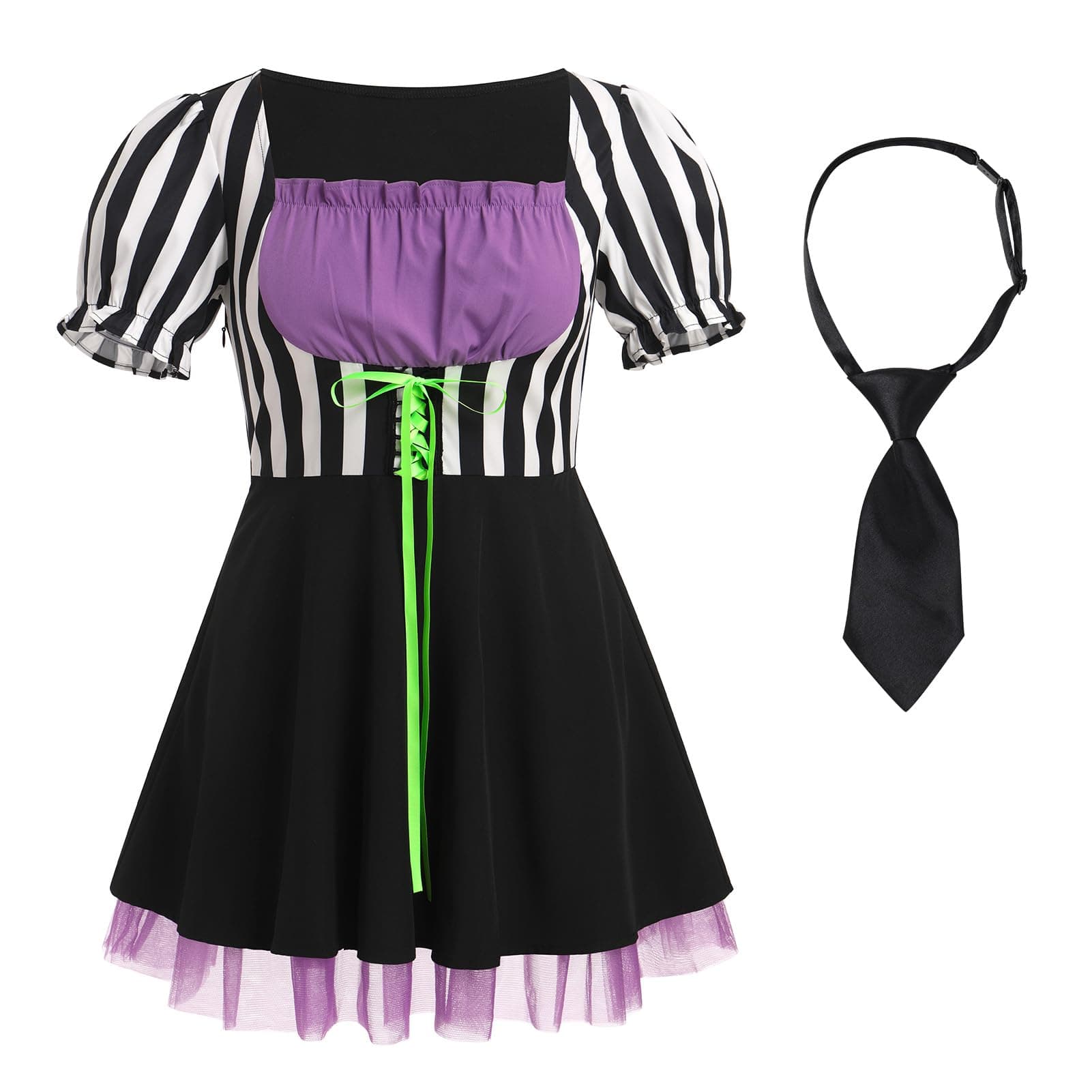 IMEKIS Women Black & White Striped Halloween Costume Lace-Up Tulle Gothic Dress Cosplay