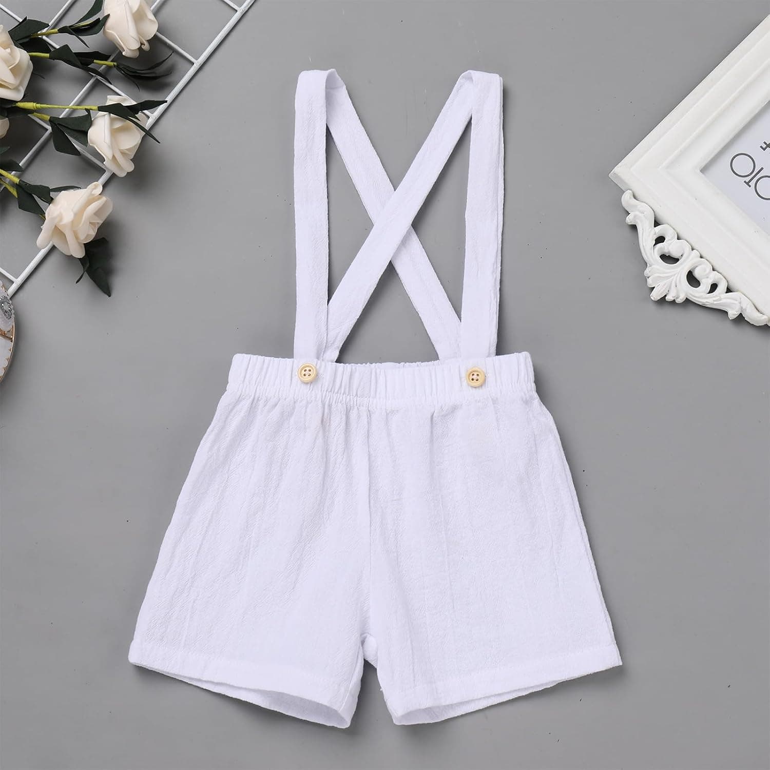 Toddler Baby Boy Baptism Christening Outfit Bowtie Dress Shirt Suspenders Shorts Vest Wedding Formal Suits