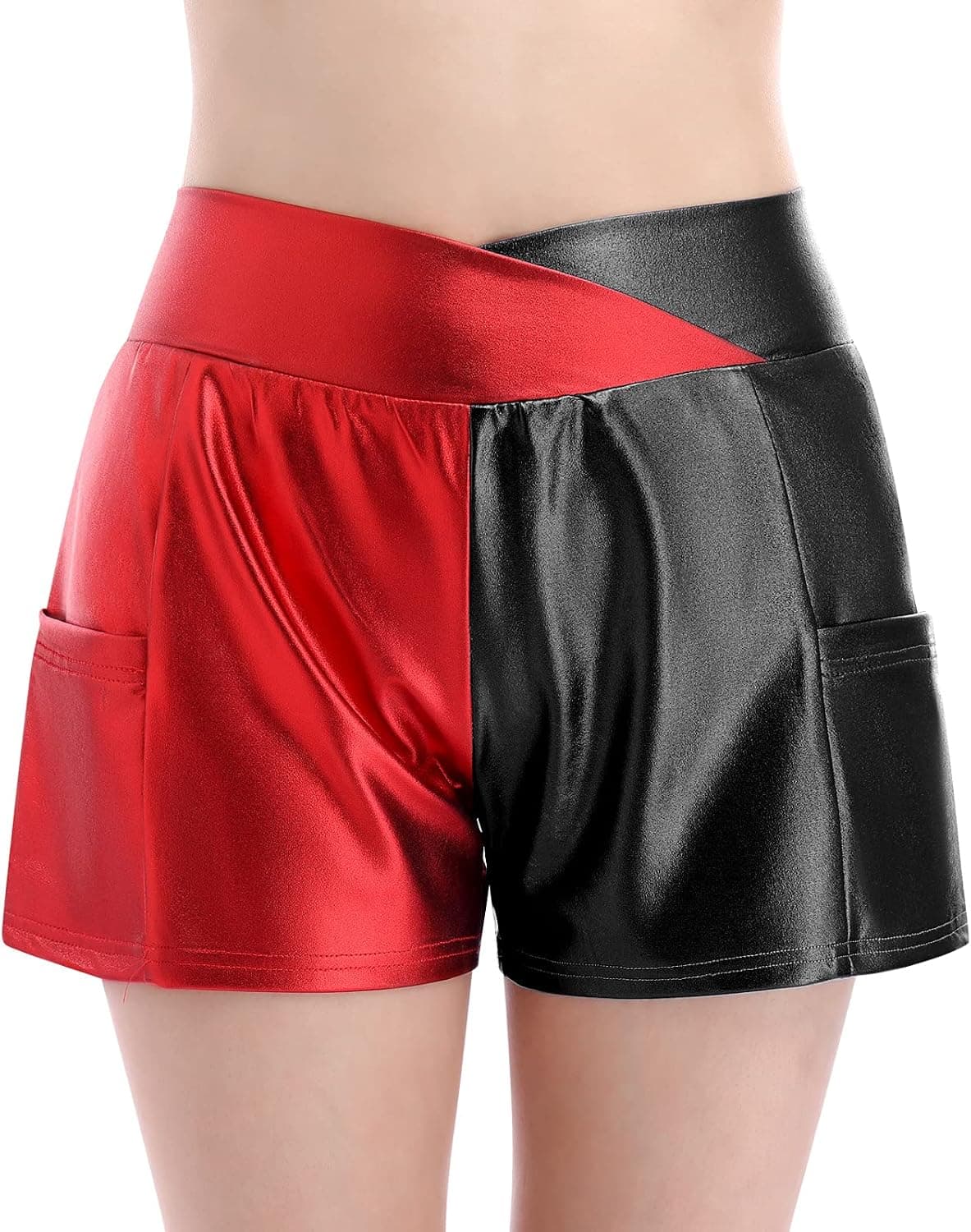 Women's Metallic Rave Shorts Shiny Hot Pants Color Block Disco Dance Bottoms Halloween Cosplay Clubwear Costumes