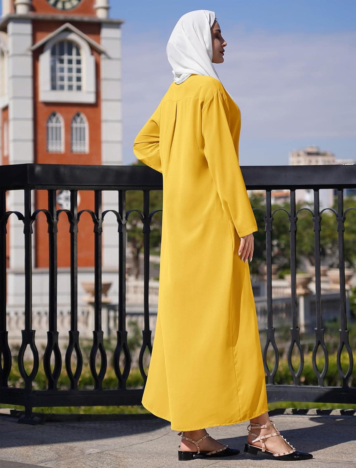 Muslim Abaya Long Sleeve Button Up Maxi Shirt Dress for Women Modest Islamic Prayer Cover Up Robe with Pockets
