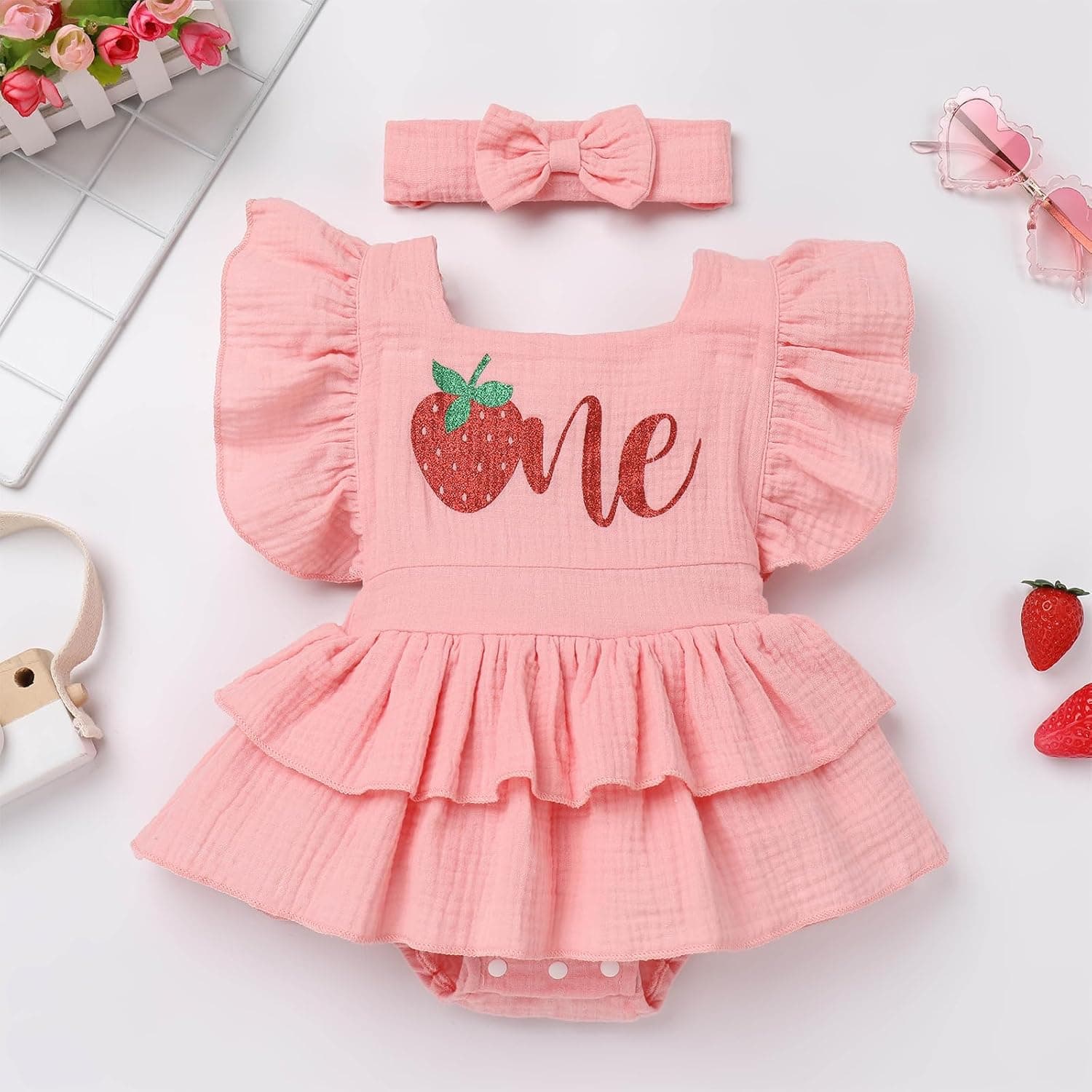 Baby Girl 1st Birthday Outfit Berry Melon One Boho Romper Headband Summer Cake Smash Photo Shoot Clothes