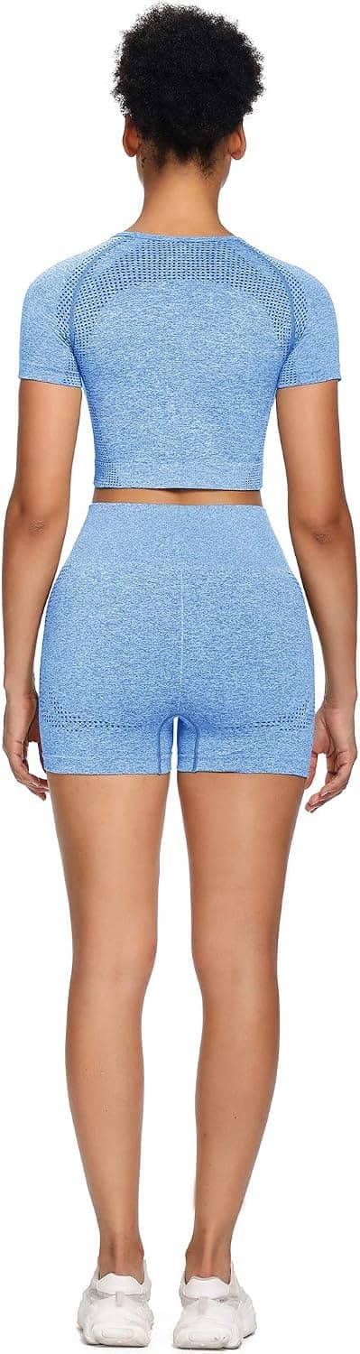 Women Seamless Yoga Outfits 2 Piece Set Workout Gym Shorts + Short Sleeve Crop Top