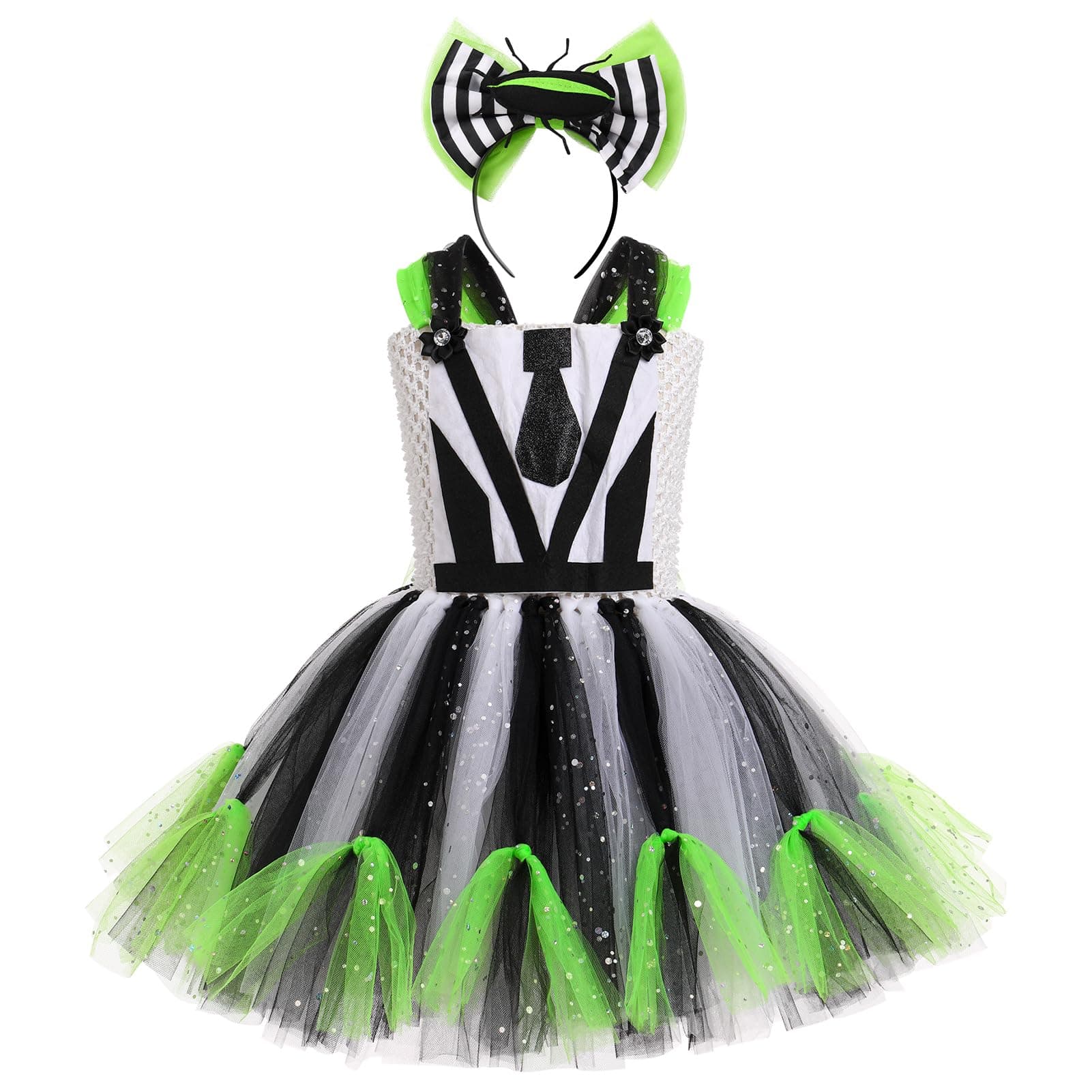 Girls Halloween Costume Black and White Striped Tulle Dress Set - Ages 2-12